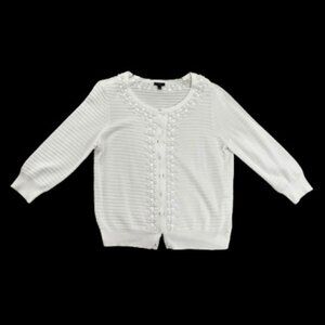Talbots Petites Beaded White 3/4 Sleeve Button Front Cardigan Sweater- LNC